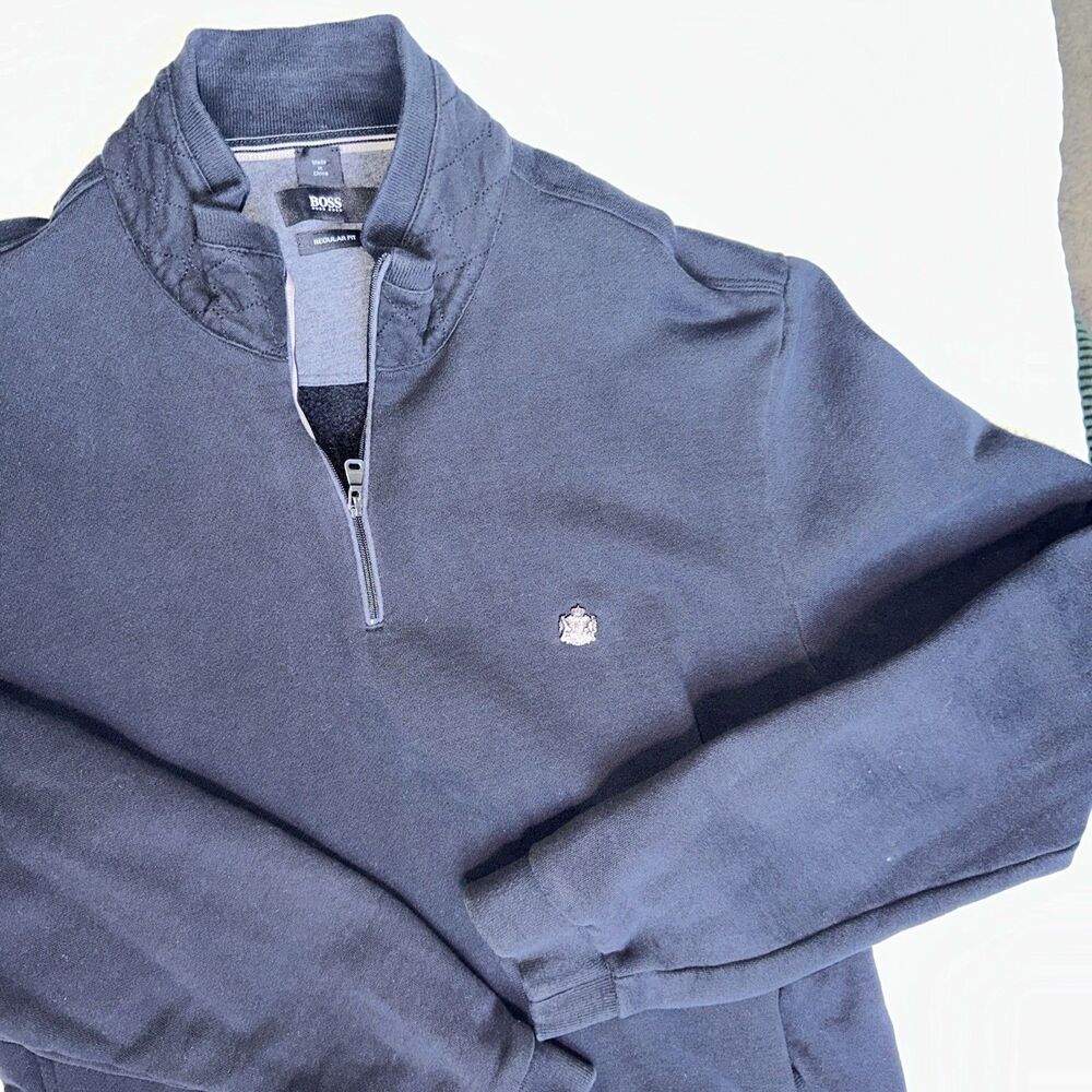 Hugo Boss Mens Large 1/4 Zip Pullover Sweater Black Regular Pockets